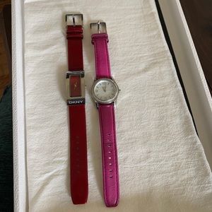 A pink and a red watch DKNY brand